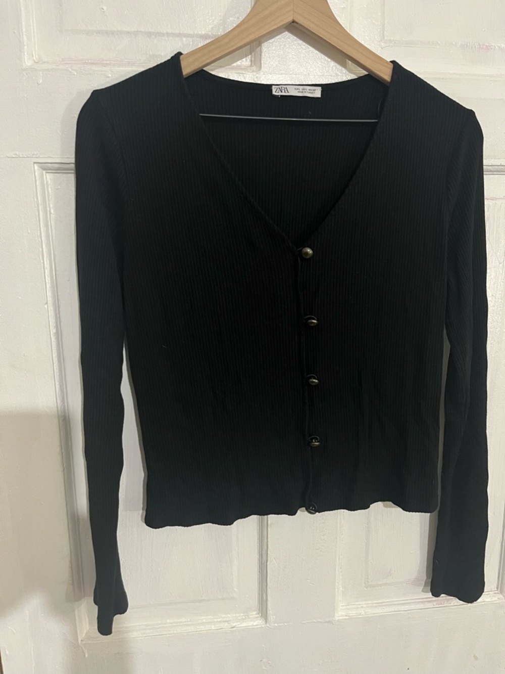 Zara Black Ribbed Button-Front V-Neck Top